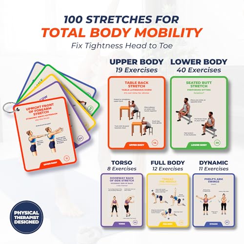 Stretching Exercise Cards – 100 Illustrated Flexibility and Mobility Flash Cards Designed by a Physical Therapist with Video Tutorials for Men and Women