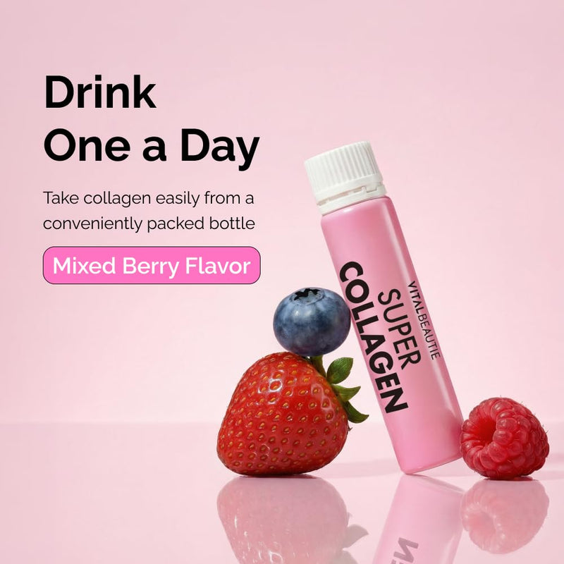 VITALBEAUTIE Super Collagen Drink – 3,500mg Low‑Molecular Fish Collagen (5 Types) – K‑Beauty Liquid Beauty Ampoules, Mixed Berry Flavor (Naturally & Artificially Flavored) – 14 x 25 mL 14 Servings