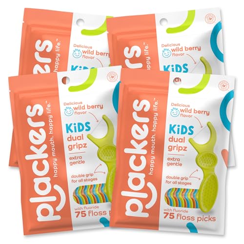 Plackers Kids Dual Gripz Floss Picks with Double Grip Handle, Wild Berry Flavor & Twin-Line Dental Flossers, Cool Mint Flavor, Dual Action Flossing System, Easy Storage