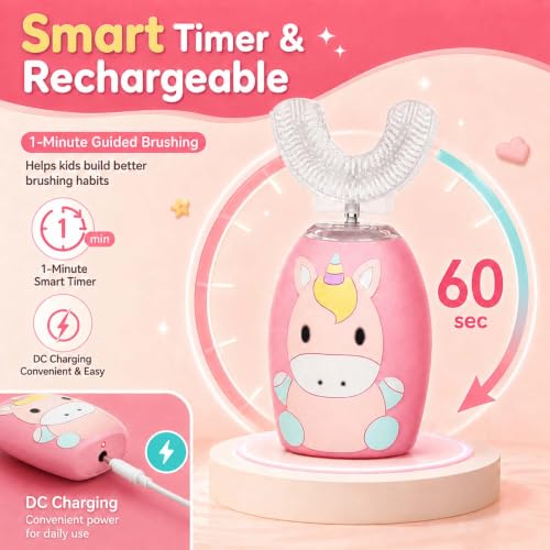 U Shaped Toothbrush for Kids, Automatic Electric Toothbrush with 4 Brush Heads, 360° Full Mouth Cleaning Toothbrush for Children, 2 Modes Rechargeable Kids Toothbrush with Cartoon Design Pink