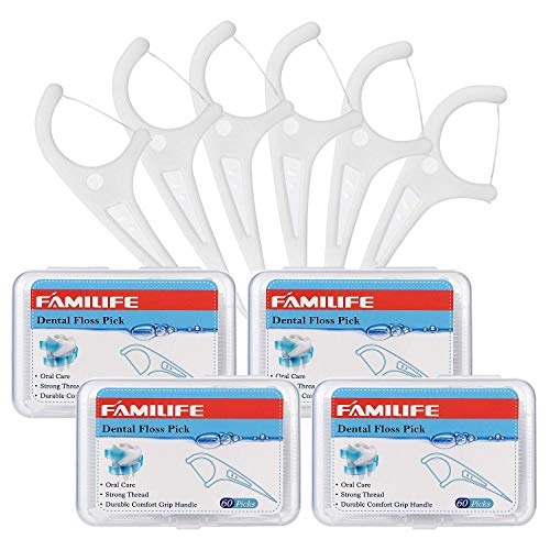 FAMILIFE Floss Picks Mint Dental Floss Picks with 4 Travel Handy Cases 240 Count Flossers and 240 Picks Threader Flosser with 4 Travel Cases