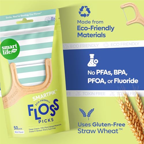 SmartLifeco Eco-Friendly Dental Floss Picks (400ct) - Flossers Made with Straw Wheat Blend, Superior Anti-Shred Thread for Tight Gaps, Tooth Pick Stick for Adults, Soft on Gum & Teeth, Vegan, Mint 1 Count (Pack of 400)