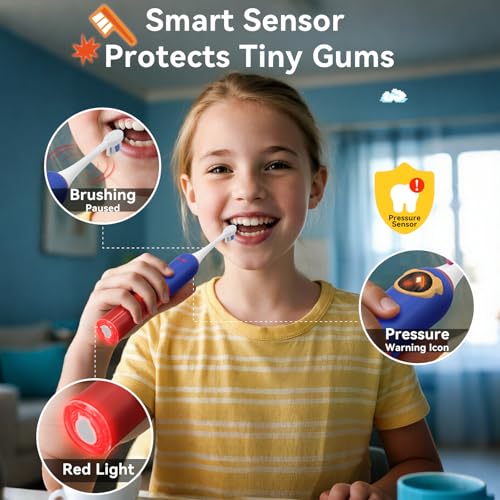 SEAGO Kids Electric Toothbrush, Pressure Sensor, Rechargeable, 8 Heads Red