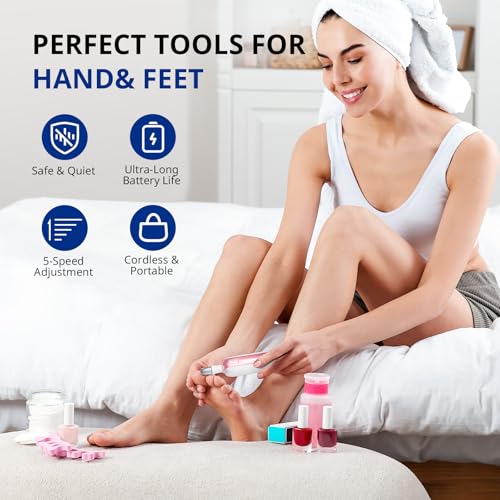 AIRSEE Professional Manicure Pedicure Kit,Cordless 6 in 1 Electric Nail File for feet,5 Speed Rechargeable Pedicure Tools for Thick Nail Toenail Cuticle, Hand Feet Trimmer Buffer for Women Men,Pink Pink