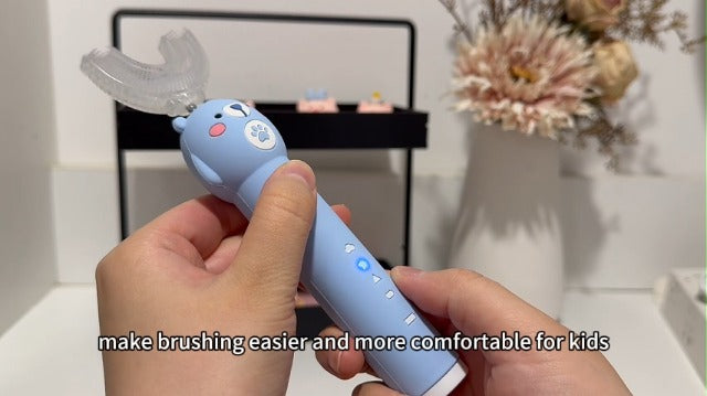 Kids Electric Toothbrush, with 4 Cleaning Modes, with 4 Brush Heads, Toddler U Shaped Toothbrush with 2 Soft Brush Head，Cartoon Bear 360-Degree Cleaning IPX7 Waterproof Design (Ages 2-16) Blue