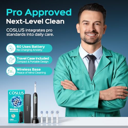 COSLUS C60 Rechargeable Rotating Electric Toothbrush for Adults Deep Clean Black