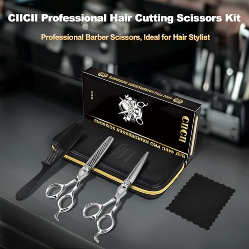 CIICII Professional Hair Cutting Scissors Kit, 440C 7″ Barber Shears Set 7.3 Inch Silver Hair Scissors Kit