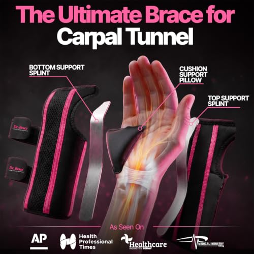 DR. BRACE Adjustable Wrist Brace Night Support for Carpal Tunnel, Doctor Developed, Upgraded with Double Splint & Therapeutic Cushion,Hand Brace for Pain Relief,Injuries,Sprains (S/M Left Hand, Black-Pink) Small/Medium (Left Hand)