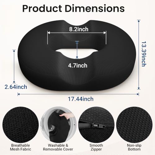 CloudBliss Donut Pillow Stadium Seat Cushion for Tailbone Pain Relief and Hemorrhoids, Memory Foam Seat Chair Cushion, Portable Seat Cushions for Bleachers, Car, Home & Office Black X-Large