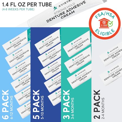 Extra Strong Denture Adhesive Cream, 12 Hour Hold Dental Glue, Waterproof, Zinc & Fluoride Free, Easy Apply Nozzle, Seals Food Out for Comfort, Mint Flavor (2 Pack, 2.8 Fl Oz) 2 Pack