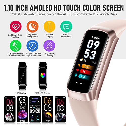 Fitness Tracker with 24/7 Heart Rate, Activity Trackers with Blood Pressure Sleep Monitor, 1.10" AMOLED Screen Step Tracker, Waterproof Step Counter, Health Smart Watch Pedometer for Women Men pink