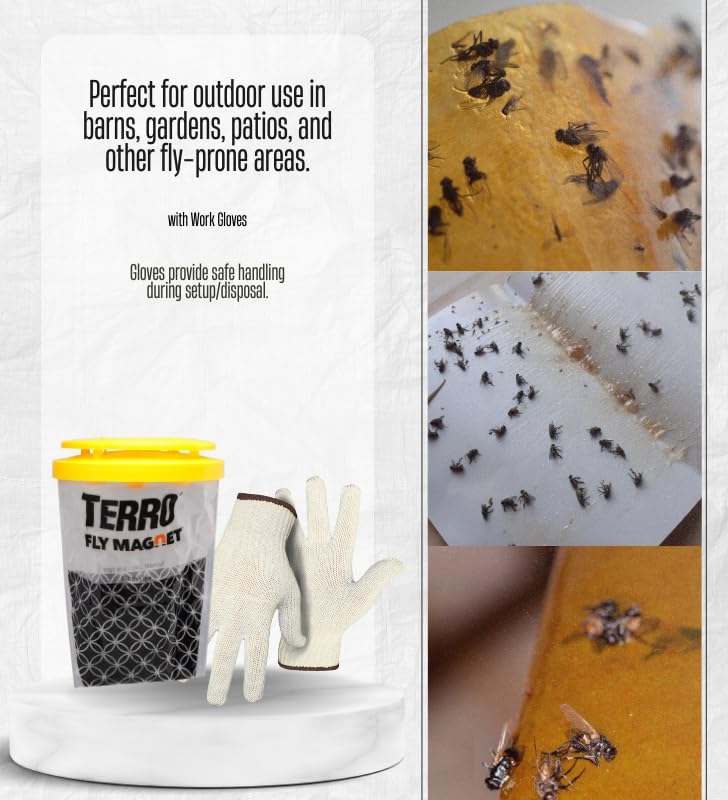 TERRO Fly Magnet Disposable Fly Trap 1 pk Bundle with Work Gloves – Outdoor Trap attracts and captures Common Flies; Simple Setup with no-Mess Disposal After use – Gift Set (2 Items)
