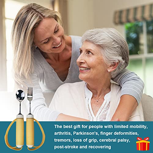 Adaptive Utensils Spoons Forks Set Weighted, Non-Slip Handles & rubber strap, for Hand Tremors & Muscle Weakness, Arthritis, Parkinson’s, Elderly; Dishwasher Safe,Stainless Steel