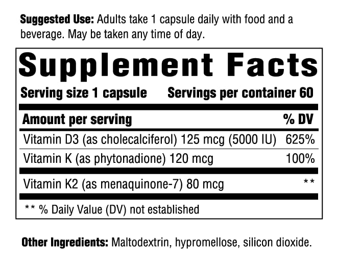 Innate Response Formulas Vitamin D3 5000 IU, 60 Capsules | Immune Support, Bone Health & Hormone Production, Blend of Vitamin D3 K2 & K1, 125 mcg, Vegetarian, 60 Servings