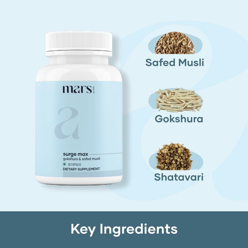 Mars Surgemax Natural Capsules with Shilajit & Safed Musli | Supports Energy, Strength & Immunity | for Active Lifestyle | 60 Capsules | Pack of 1