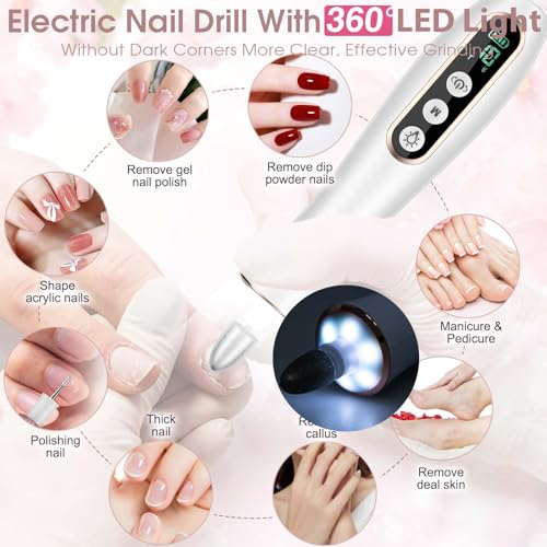 Hoxida Cordless Nail Drill 2000RPM,Electric Nail File with 360° LED Light White