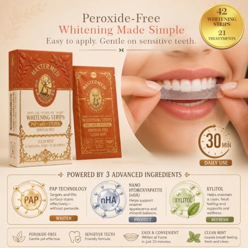 MasterMedi 3-in-1 Formula Teeth Whitening Strips Kit, 42 Strips (21 Treatments) with PAP, Nano Hydroxyapatite & Xylitol. Enamel Safe, Peroxide-Free, No-Slip Technology for Sensitive Teeth (Clean Mint)