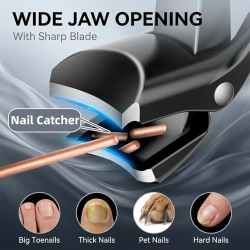 Ergonomic Curved Long Handle Nail Clippers - Pliers-Style Toenail Clippers, Easy Grip for Seniors and Thick Nails, Built-in Nail Catcher & Safety Switch (Silver) Silver