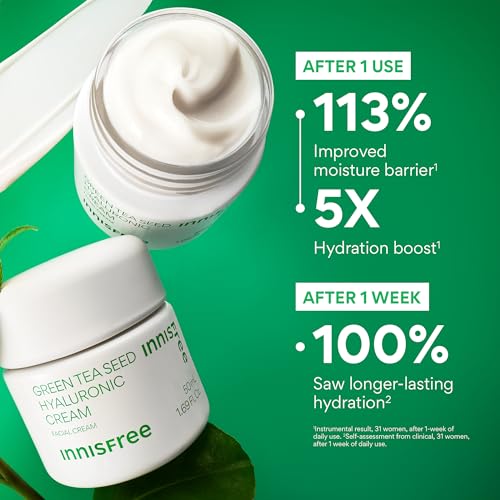 innisfree Green Tea Seed Hyaluronic Acid Cream with Skin Barrier Boosting Complex & Ceramide, Hydrating Korean Face Moisturizer Available in Sets & Jumbo 1.69 oz. / 50 ml: Full Size