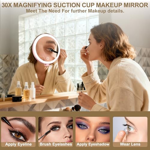 Mocado 30x Magnifying Mirror with Light, 6" Magnifying Mirror Suction Cup 30xmagnifying-rose Gold