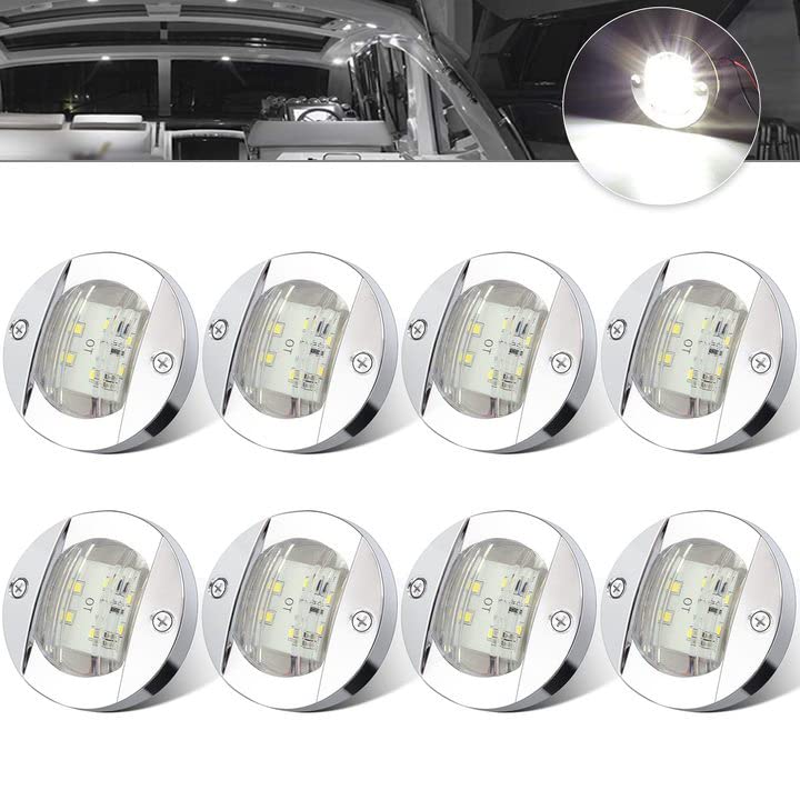 ALFU 8PCS White DC12V 6 LED Side Marker Navigation Lights Waterproof Marine Boat Yacht Round Transom Anchor Stern Lights with Chrome Bezel White(8PCS)