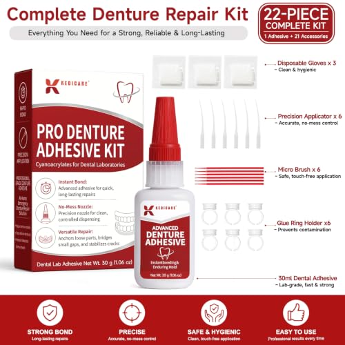 Dental Lab Instant Bonding Dental Glue Kit for Dentures & Lab Tools, Fast-Setting 15-60 Sec Denture Repair Kit, Temporary Adhesive for Fixing Cracks, Gaps & Loose Teeth - 1oz (30g)
