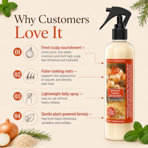 Fresh Onion Juice & Rice Water Hair Growth Spray with Rosemary & Mint (4 oz)– Strengthens Roots, Reduces Hair Fall, Promotes Thicker, Fuller Hair–Natural Scalp Treatment for Men & Women Unscented 4 Fl Oz (Pack of 1)