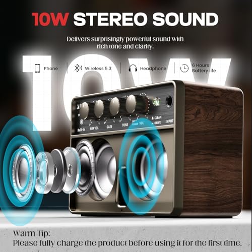 Mini Electric Guitar Amp, Rechargeable 10W Small Portable Guitars Amplifier 5.9*3.9*2.6in Clean/Drive Channels,Wireless Audio,USB-C,6H Working,Headphone Out/AUX In,Compact Practice Travel Speaker Amps Brown