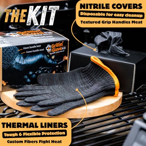Grilling Glove Kit – Thermal Knit Liners Made in the USA – Diamond Textured Nitrile Covers – Oven Mitts for BBQ, Smoking Meat, and Barbecue Food Prep