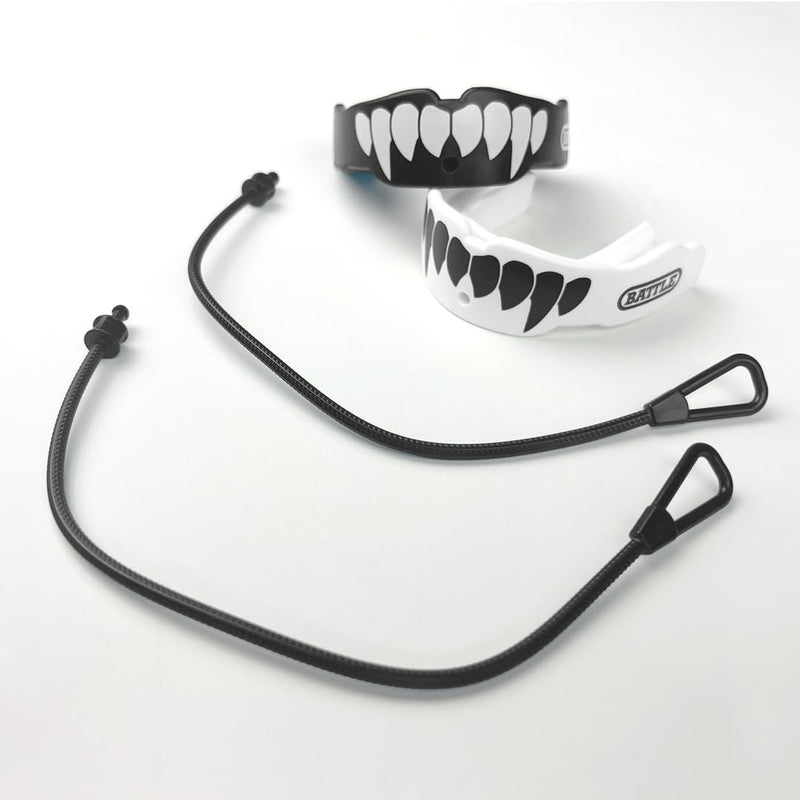 Battle Fangs Football Mouthguard – Sports Mouth Guard with Removable Strap – Protector Mouthpiece Fits with or Without Braces on Teeth – Adult & Youth Mouth Guard Sizes, 2 Pack Adult (Age 10 & Up) Black/White - BeesActive Australia