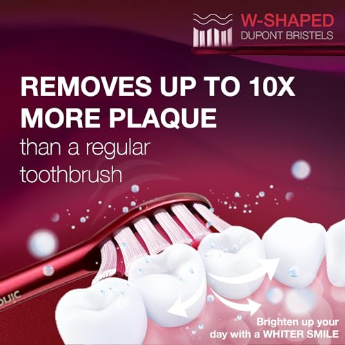Wagner Stern WHITEN+ Electric Toothbrush, 48,000 VPM, Pressure Sensor, 5 Modes, 8 Brush Heads, Travel Case Ruby Red