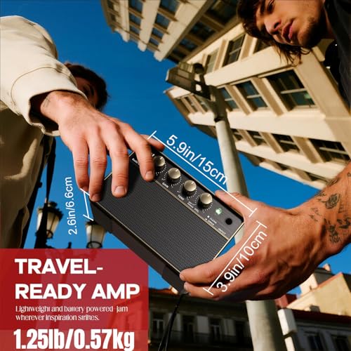 Mini Electric Guitar Amp, Rechargeable 10W Small Portable Guitars Amplifier 5.9*3.9*2.6in Clean/Drive Channels,Wireless Audio,USB-C,6H Working,Headphone Out/AUX In,Compact Practice Travel Speaker Amps Brown