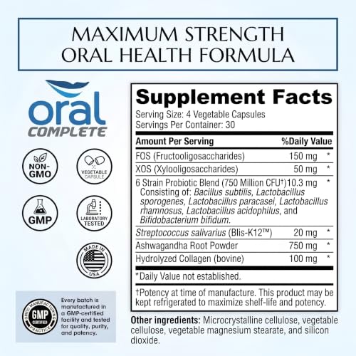 Oral Complete 11-in-1 Dental Probiotics, Bad Breath Treatment Halitosis Tonsil Stone with Non-GMO with BLIS K12, Ashwagandha and Collagen, 120 Capsules 120 Count (Pack of 1)