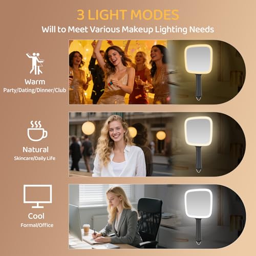 Famihomii Rechargeable Lighted Handheld Mirror, Hand Mirror with Magnifying Black