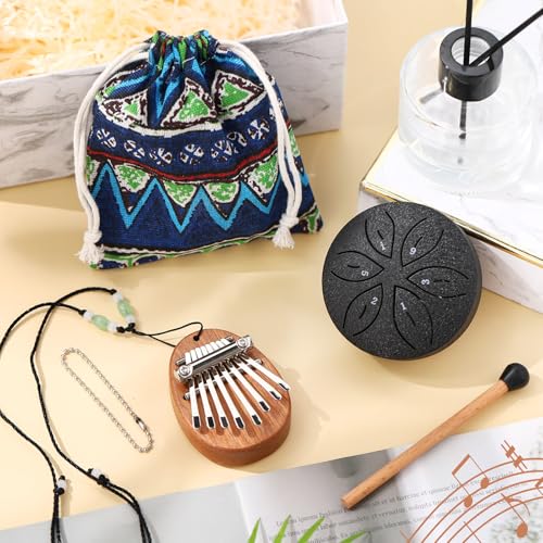 2 Pcs Mini Kalimba and Tongue Drum Set 8 Keys 6 Notes,Black Black