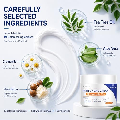 Antifungal Cream for Athletes Foot Jock Itch Ringworm Seborrheic Dermatitis Folliculitis Tinea Miconazole 2% Skin Fungus Relief Anti Fungal Athletes Foot Treatment for Humans 3.4 oz, 100g