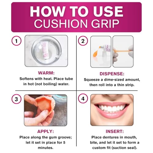 Cushion Grip Thermoplastic Denture Adhesive, 0.35 oz Travel Size | Refits and Tightens Loose Dentures On The Go | Glue-Free, Acts Like a Soft Denture Reliner (Pack of 5) 5 Pack