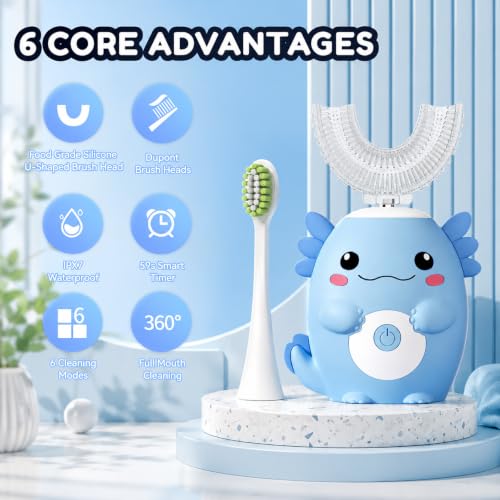 Kids Electric U Shaped Toothbrush,Axolotl Sonic Toothbrush-Age 2-15 Blue Blue Axolotl