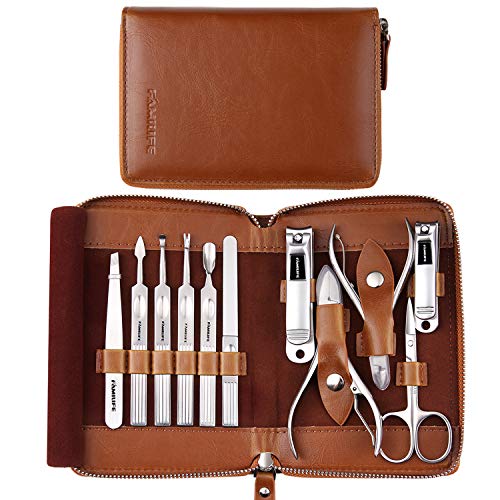 FAMILIFE Professional Manicure Kit Nail Clippers Set 11 in 1 Stainless Steel Pedicure Tools Kit Grooming Kit and 16pcs Gifts for Men Stainless Steel Portable Brown Leather Nail Kit Mens Gifts
