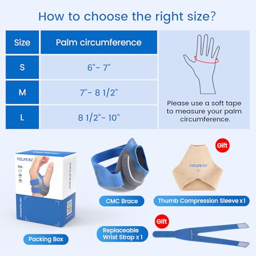 Velpeau CMC Thumb Brace for Osteoarthritis - with Shape-memory Restriction Splint, CMC Joint Stabilizer, Basal Thumb Arthritis Pain Relief and Support for Women and Men (Blue, Right Hand, Small) Blue