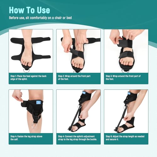 Plantar Fasciitis Night Splint KIT | All-in-One Rehab Support — Elastic Training, Stretching Aid & Secure Fixation Brace | Adjustable Foot Drop, Heel Spur Pain and Achilles Tendonitis Relief Brace For Women & Men, Day Night (1, Black, One Size) 1