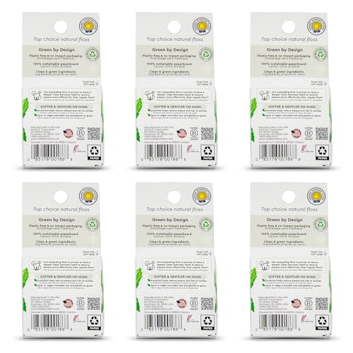 RADIUS Vegan Sponge Floss, Soft Expanding Dental Floss for Sensitive Gums and Tight Teeth, PFAS Free, Vegan, Plastic Free Packaging, 50m / 55 yd, Peppermint, Pack of 6 1 Count (Pack of 6)