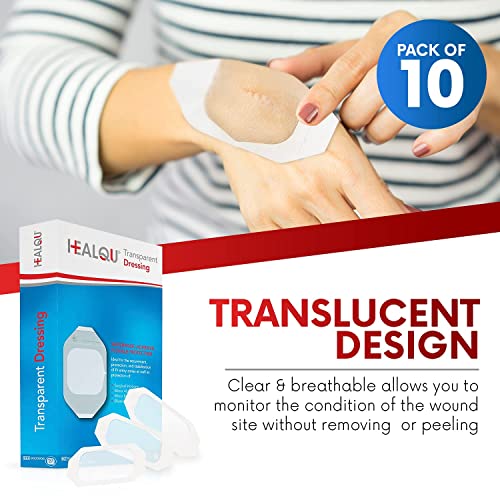 Transparent Film Dressing 4" x 4.75" (10 Pack) - Waterproof Adhesive Wound Bandages for Post-Surgical Shower, IV Shield, Tattoo Aftercare, Clear Breathable Dressing Patches by HEALQU 4"x4.7" (10 Pack)
