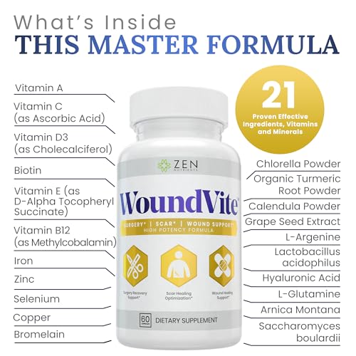 Zen Nutrients WoundVite Pre & Post Surgery Support, Scar & Wound Care, Scar Treatment, Plastic & General Surgery, Heal Faster & Aids in Recovery Time w/Bromelain, Turmeric & Arnica - 60 Vegan Caps 60 Count (Pack of 1)