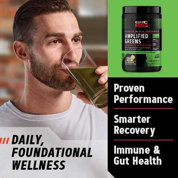 GNC AMP Amplified Greens Blend, ICY Lemonade, 10 oz, 30 Servings | Clinically Studied Cherrypure and Spectra Support Aerobic Performance and Antioxidant Health, with Probiotics for Gut Support