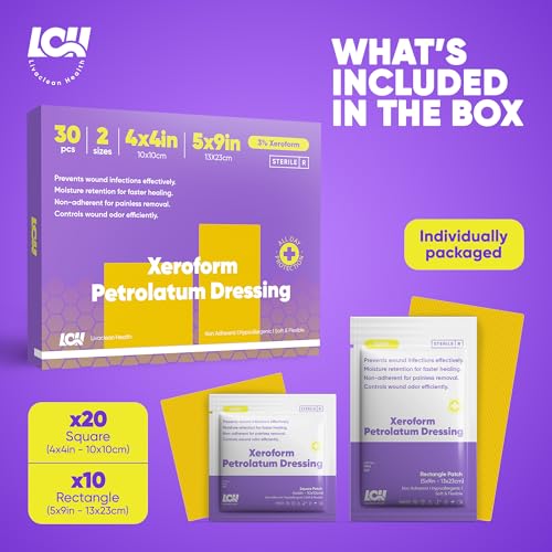 30 CT Xeroform Petrolatum Dressing – Non Stick Gauze Pads – 4" x 4" & 5" x 9" Occlusive Dressing – Fine Mesh Sterile Petroleum Gauze Dressing for Wound Care, Burns, Lacerations, & Skin Grafts