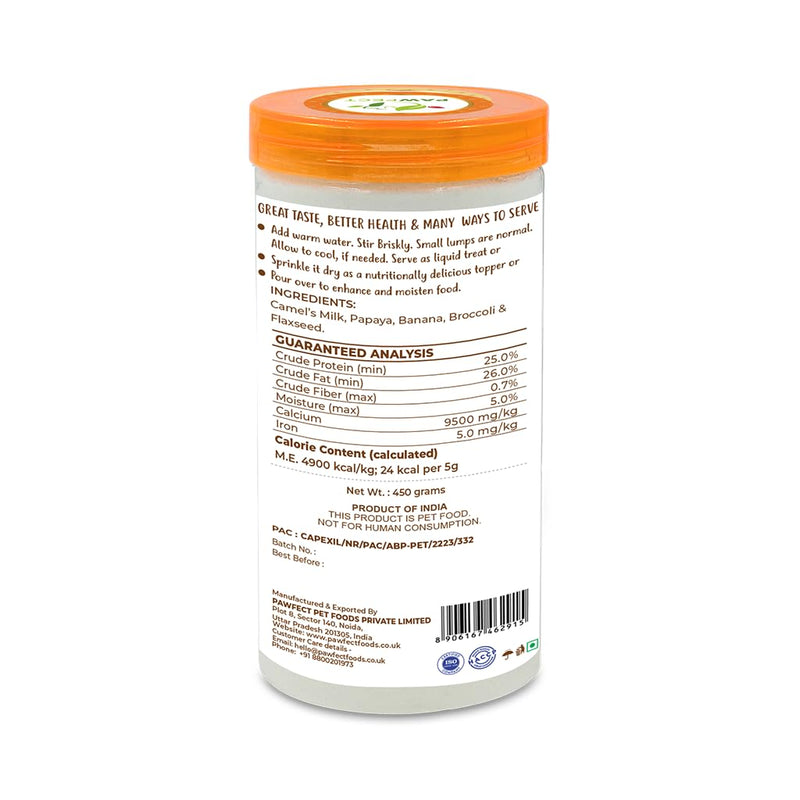 Pawfect Nature's Sip Camel Milk Powder with Papaya, Banana, Broccoli & Flaxseeds for Dogs- Easily Digestible- Pre & Probiotics- Healthy Topper- Low Glycemic- Hydration Support- 90 scoops(450g/15.87oz)