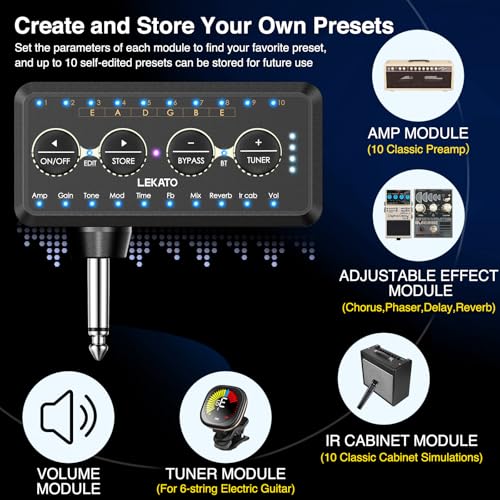 LEKATO Micro Guitar Headphone Amp Bass Guitar Headphone Amplifier with Multi Effects - Amp Models, IR Loading, Tuner, Rechargeable Electric Headphone Amplifier Delay Reverb Chorus Overdrive Portable