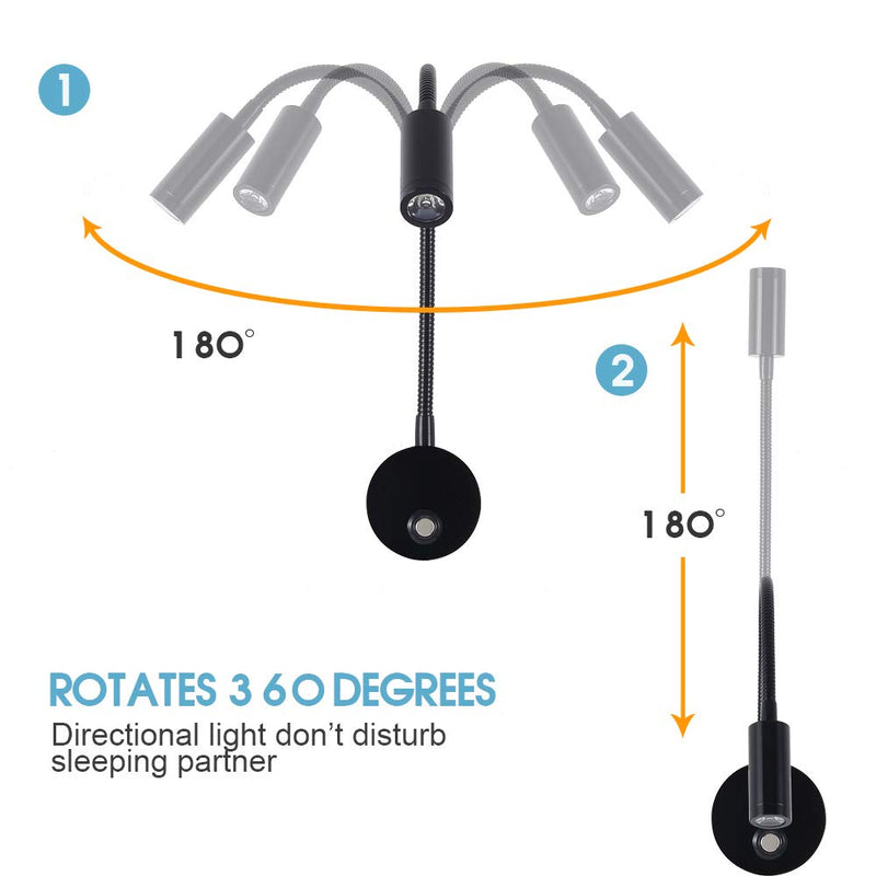 Dimmable RV Reading Light with USB Charging Port, DC 12V RV Interior Lights, Flexible LED Light Fixtures, Designed for Camper, Van, Boat and Motorhome, 2 Pack(Black) Dimmable/ Black/ 2 Pack - BeesActive Australia