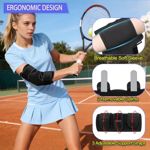Elbow Brace for Cubital Tunnel Ulnar Nerve Support, Night Elbow Splint &Tennis Elbow Strap with Compression Sleeve,Adjustable Stabilizer Tendonitis Support for Women and Men One Size Black